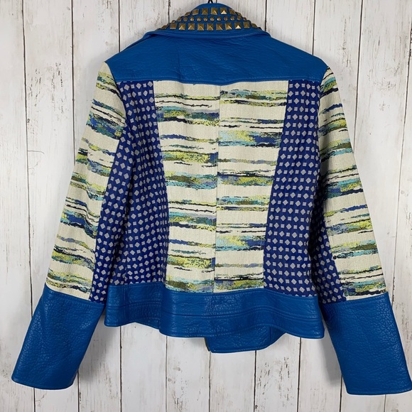 V Cristina Blue Faux Leather Studs Zippers Blazer Jacket Women’s Sz M Petite - Picture 4 of 7